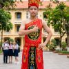 Trang phục Âu Lạc thun đỏ chéo vai đai nhiều tà