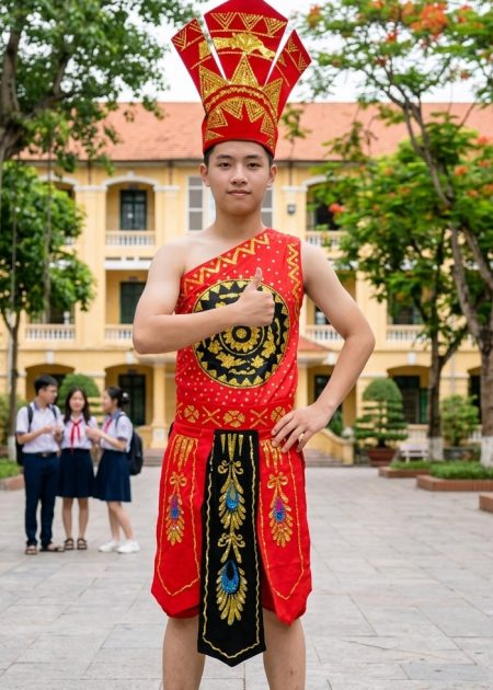 Trang phục Âu Lạc thun đỏ chéo vai đai nhiều tà