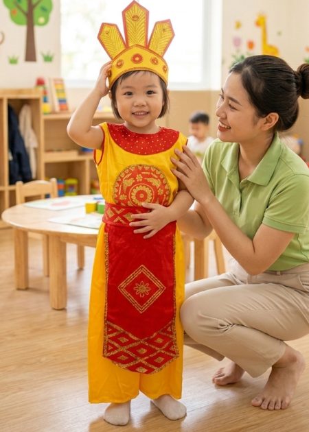 Trang phục Âu Lạc trẻ em vàng viền đỏ đai 1 tà