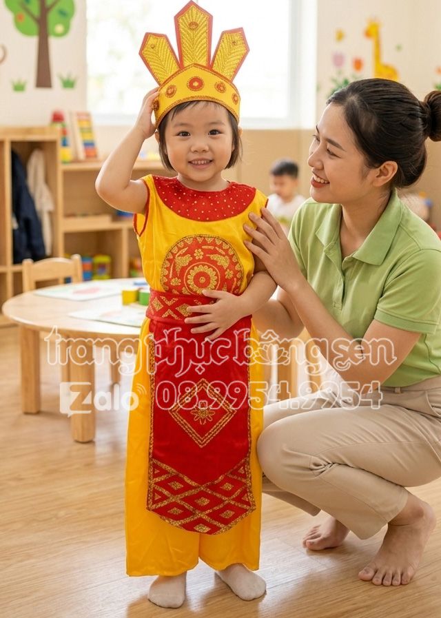 Trang phục Âu Lạc trẻ em vàng viền đỏ đai 1 tà