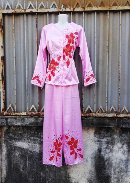 Bà ba nữ phi bóng in hoa kim tuyến màu hồng