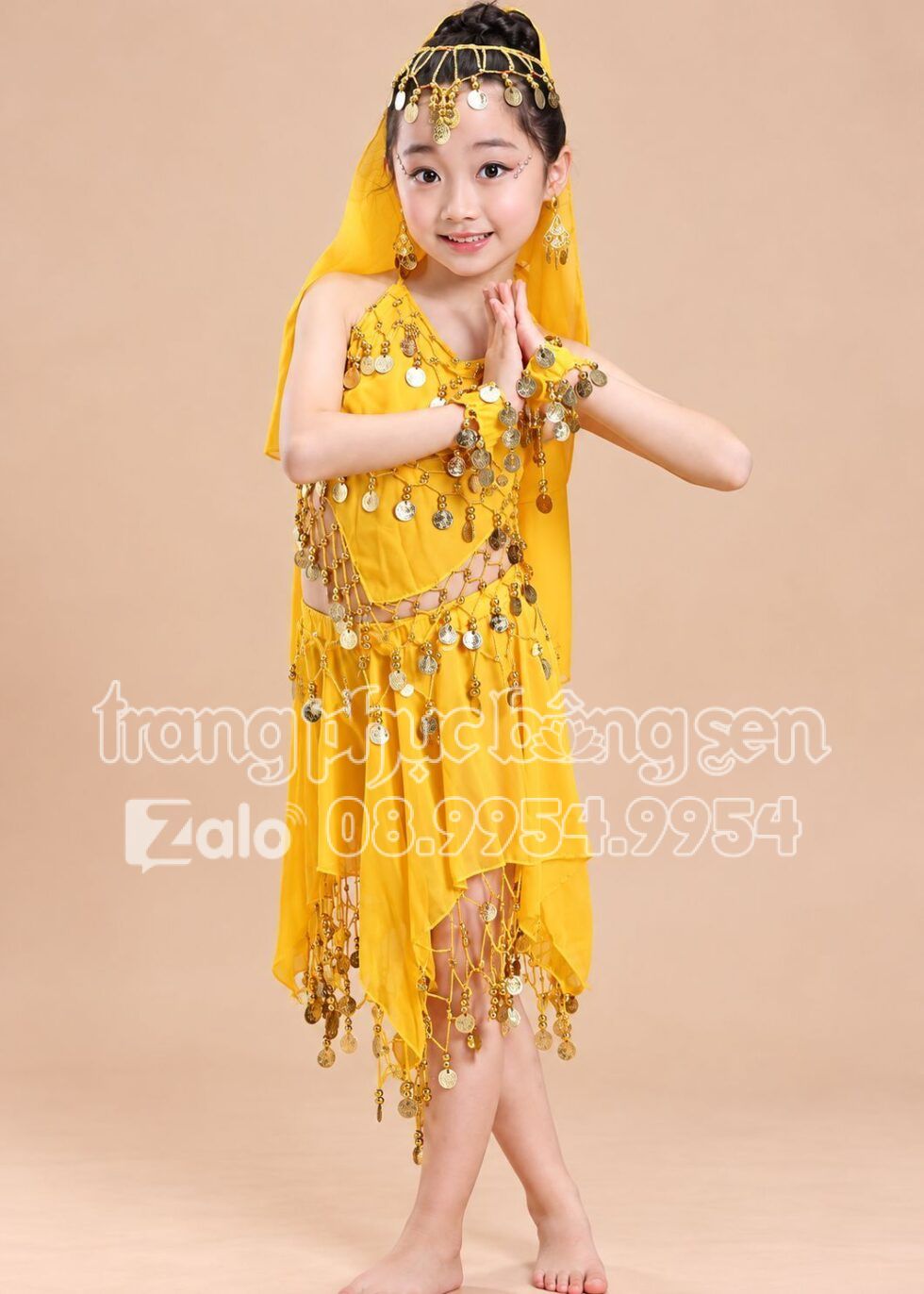 Trang phục Ấn Độ múa bụng belly dance trẻ em yếm váy vàng