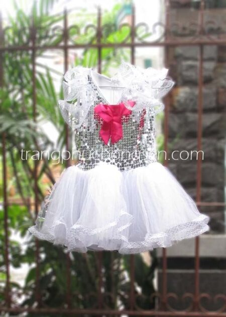 Đầm kim sa trẻ em cổ tim kết nơ hồng