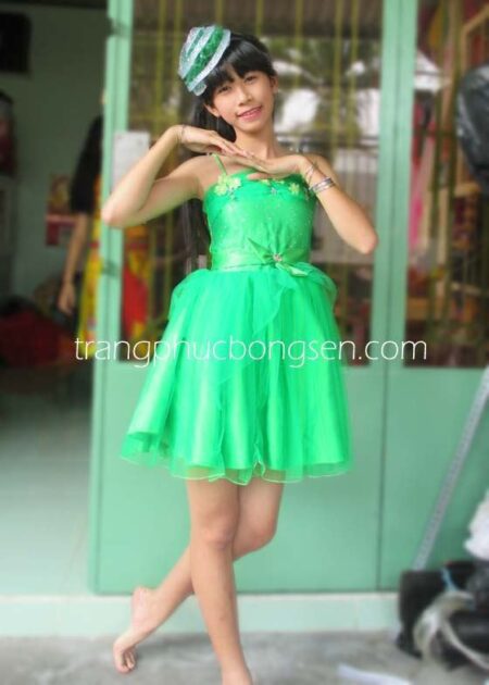 Đầm múa búp bê vai dây màu xanh két