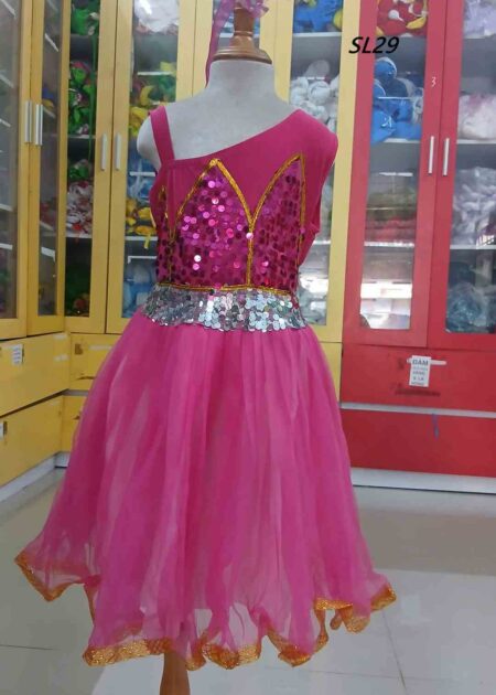 Đầm múa mầm non kim sa hồng ngực sen chéo vai