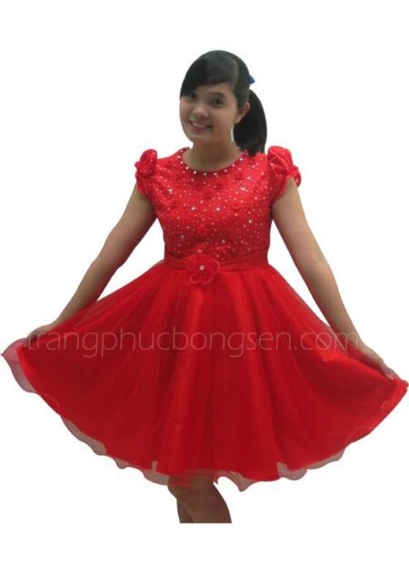 Đầm múa ngang gối tay phồng màu đỏ