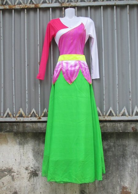 Đầm múa sen tay dài trắng - hồng, đai rời