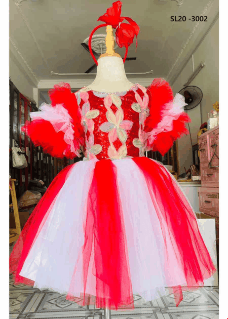 Đầm  múa trẻ em đỏ trắng ngực bông hoa -đầm bồng