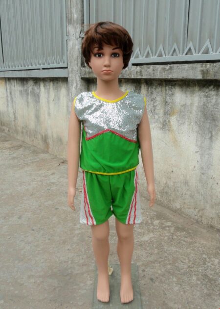 Đồ múa aerobic mầm non nam quần áo xanh lá phối kim sa