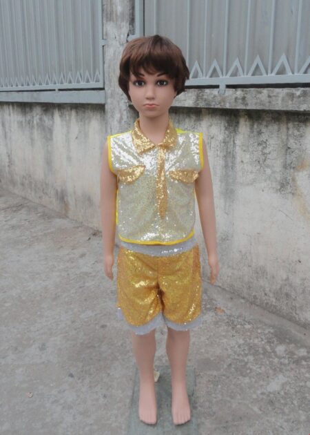 Đồ múa hiện đại mầm non quần áo kim sa trắng vàng cổ gắn cà vạt