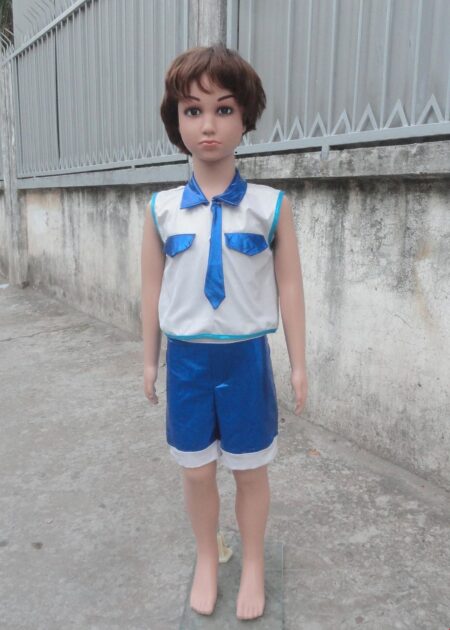 Đồ múa hiện đại mầm non quần áo thun da trắng xanh bích cổ gắn cà vạt