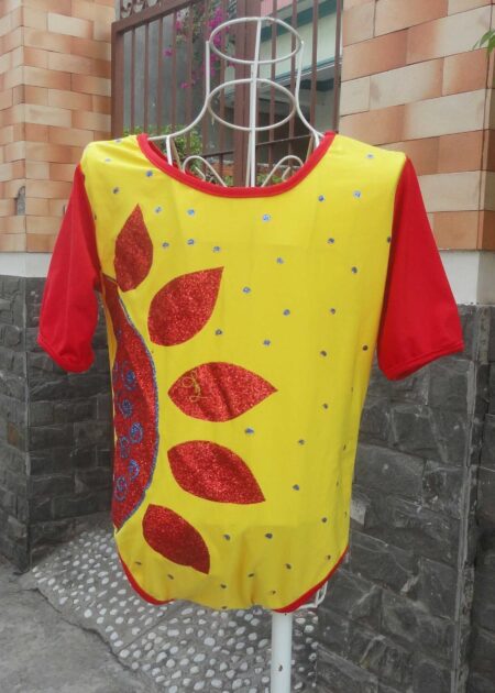 Đồ nhảy aerobic mầm non nam vàng tay đỏ vẽ hoa hướng dương