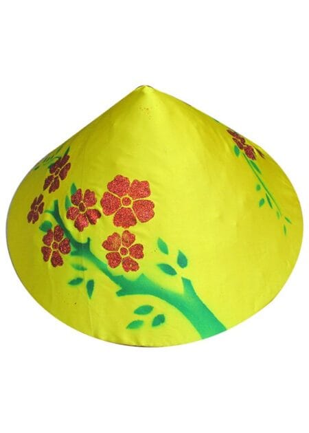 Nón lá nền vàng in cành hoa mai