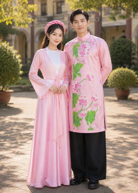 Set trang phục tứ thân nam - nữ hồng sen