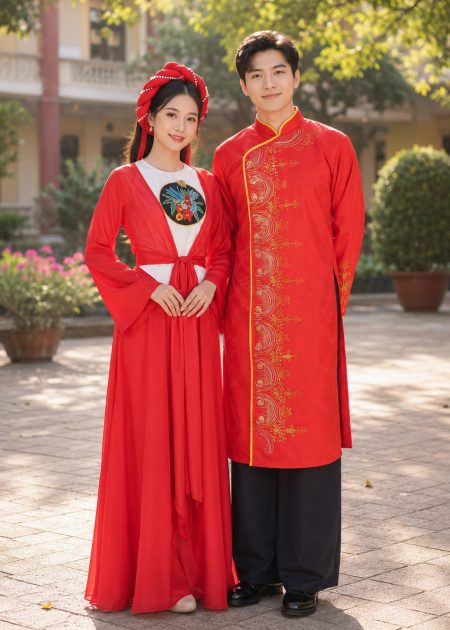 Set trang phục tứ thân nam - nữ đỏ
