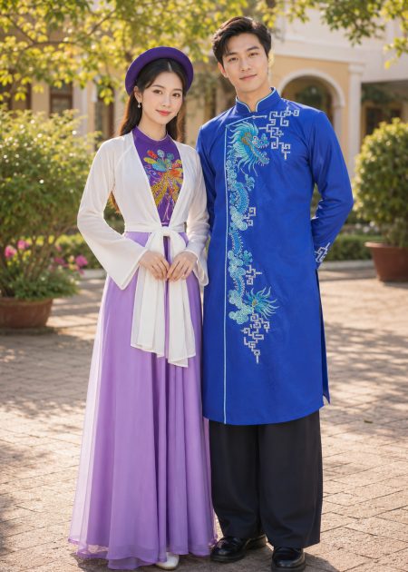 Set trang phục tứ thân nam - nữ xanh tím