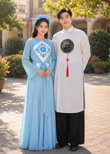 Set trang phục tứ thân nam - nữ xanh trắng