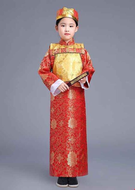 Sườn xám nam mầm non gấm đỏ - vàng