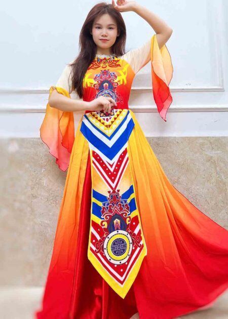 Trang phục Âu Lạc đầm váy múa  kín đáo, tông cam vàng nổi bật