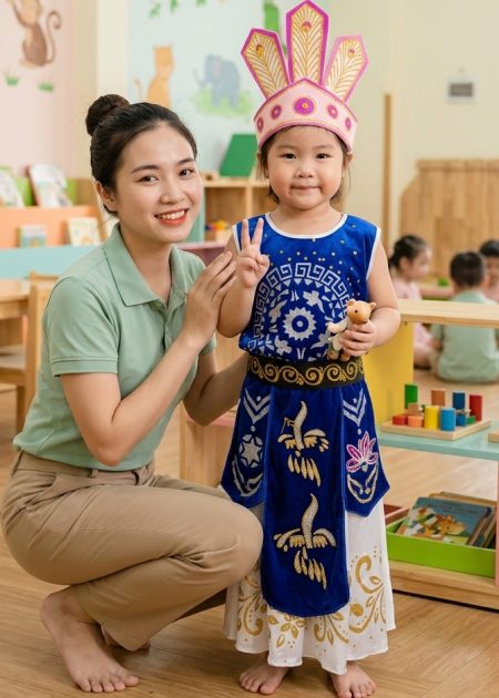 Trang phục Âu Lạc trẻ em xanh bích sát nách đai nhiều tà