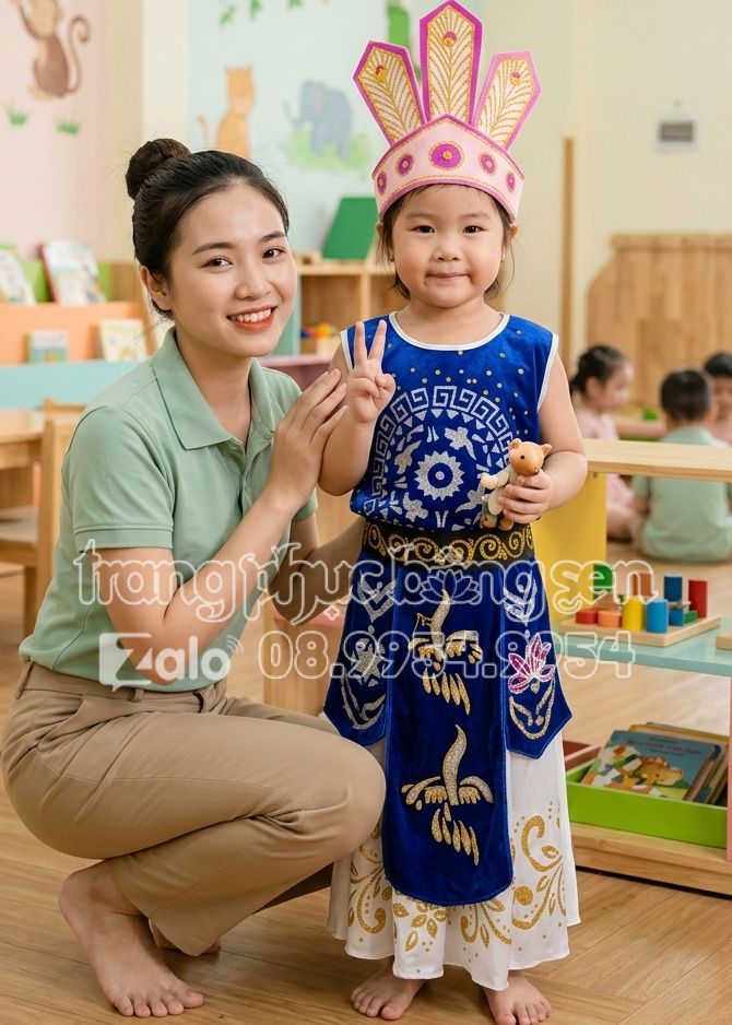Trang phục Âu Lạc trẻ em xanh bích sát nách đai nhiều tà