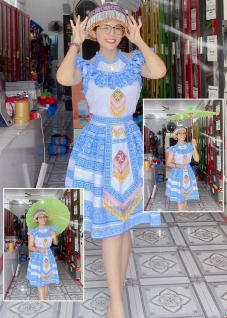 Trang phục biểu diễn 54 dân tộc (lẻ): Mèo/ H' Mông cổ yếm, trắng phối xanh e