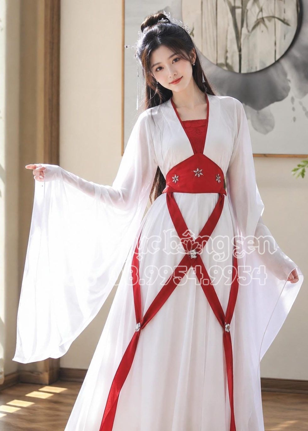 Trang phục cổ Trang múa hát Hằng Nga Tiên Nữ trắng dây đỏ