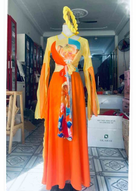 Trang phục đầm múa tứ thân cách điệu cam vàng