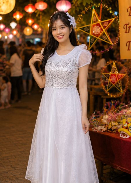 trang phục Hằng Nga kim sa trắng bèo cổ