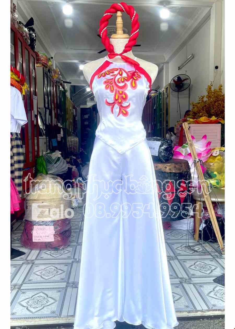 trang phục hát múa dân gian yếm trắng thêu đỏ, quần váy trắng