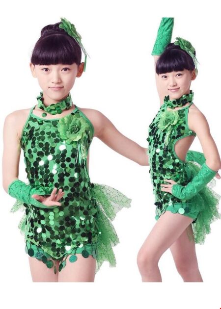 Trang phục khiêu vũ trẻ em yếm váy kim sa xanh lá