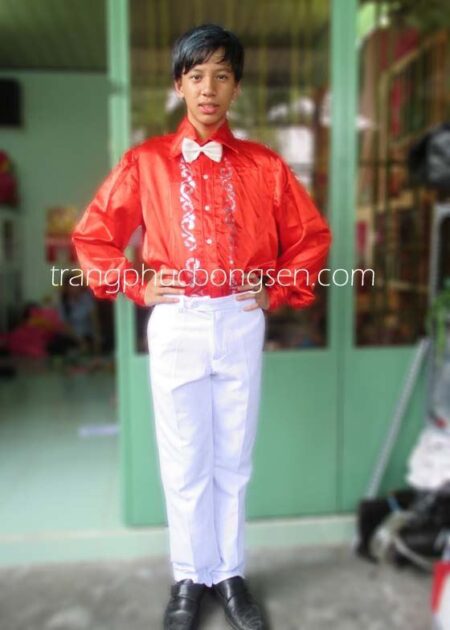 Trang phục múa sơ mi nam vẽ kim tuyến màu đỏ