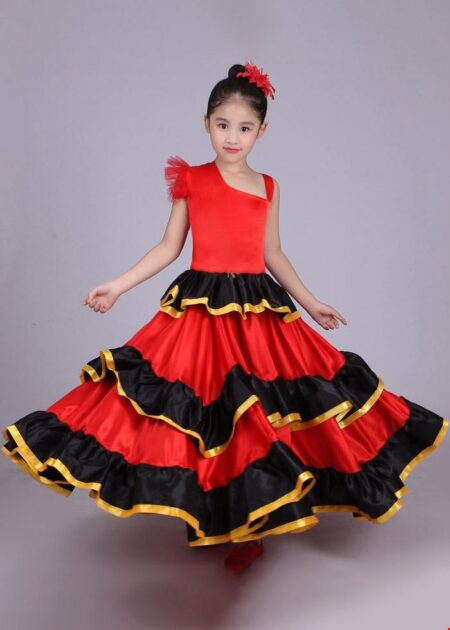 Trang phục nhảy Flamenco Tây Ban Nha trẻ em màu đỏ 3 tầng xòe rộng