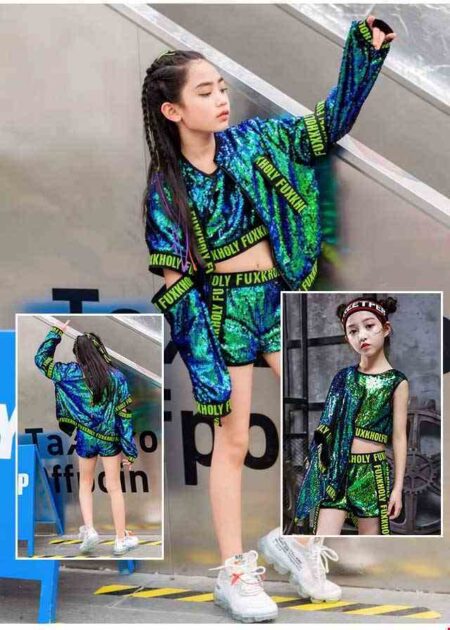 Trang phục nhảy hiện đại, nhảy hiphop kim sa xanh đổi màu (có áo khoác)