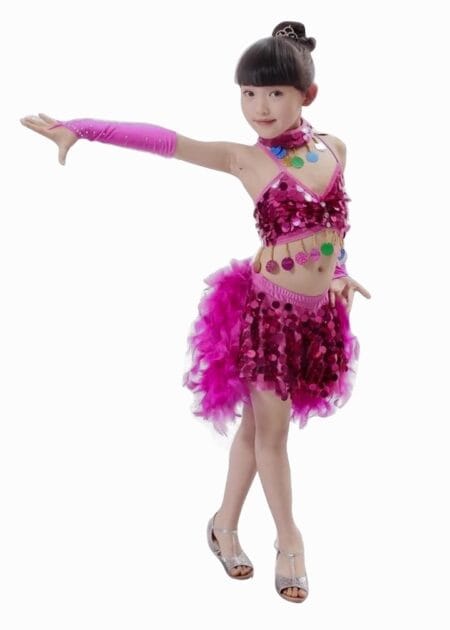 Trang phục nhảy hiện đại trẻ em áo váy kim sa hồng lông vũ