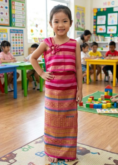 Trang phục Phasin Thái Lan mầm non gấm hồng