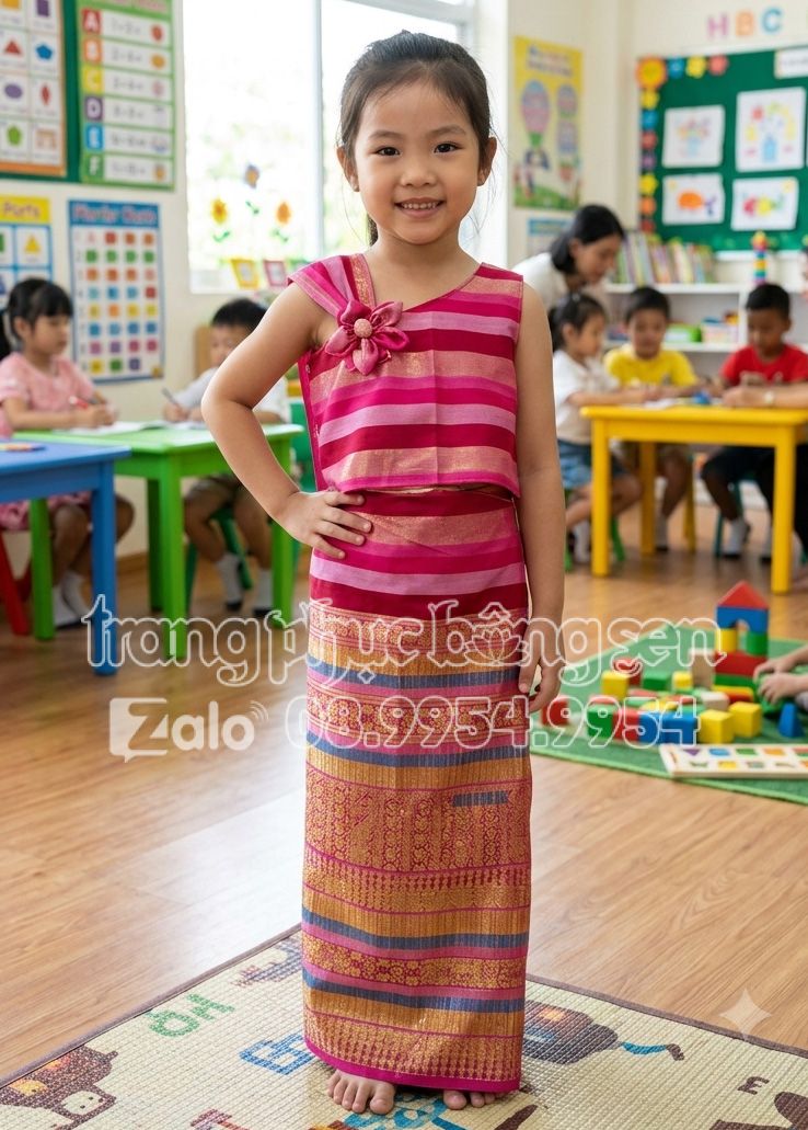 Trang phục Phasin Thái Lan mầm non gấm hồng