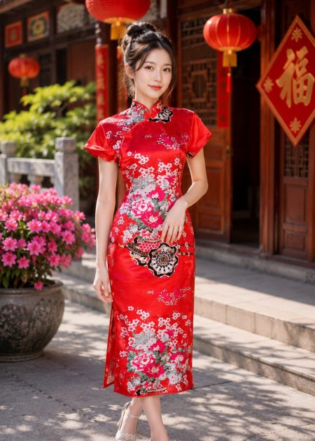 Trang phục Sườn Xám Trung Quốc tà dài màu đỏ