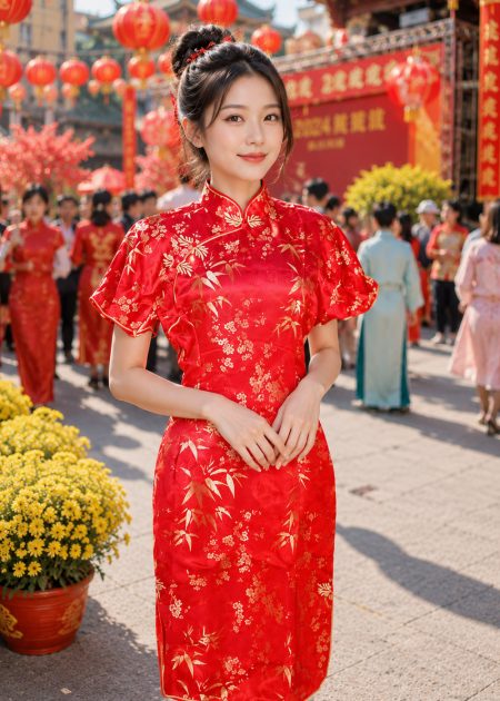 Trang phục Sườn Xám Trung Quốc hoạ tiết lá trúc màu đỏ