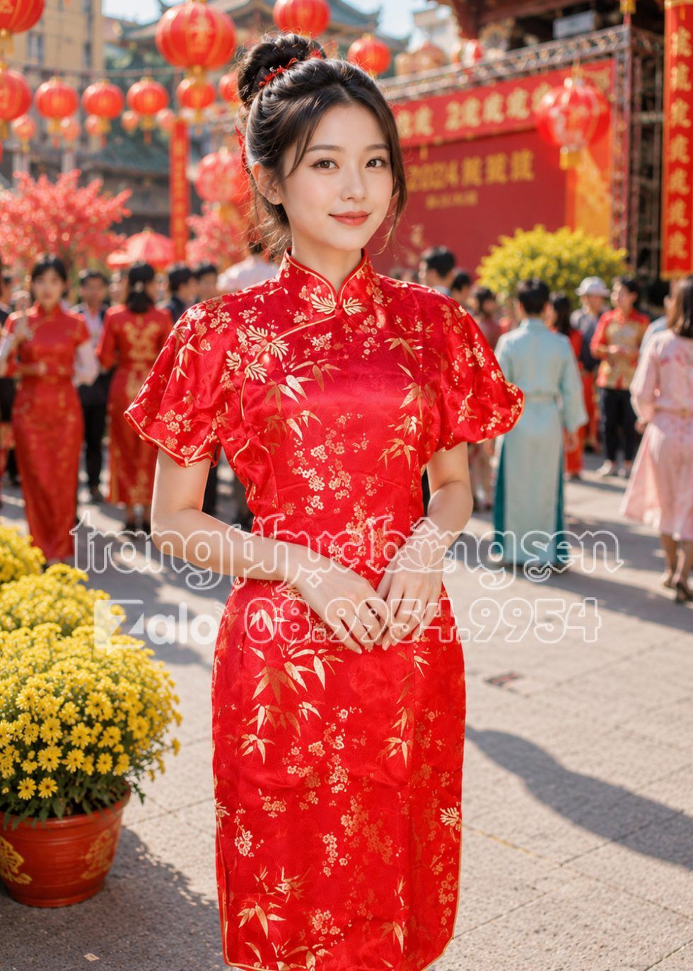 Trang phục Sườn Xám Trung Quốc hoạ tiết lá trúc màu đỏ