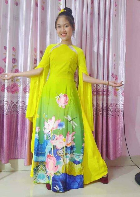Váy đầm lụa múa sen màu vàng, tay xẻ