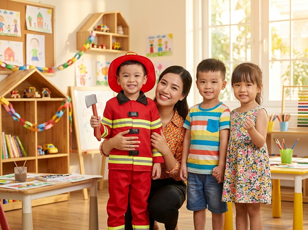 Trang phục hóa trang ngành nghề lính cứu hoả dành cho mầm non tại Bông Sen