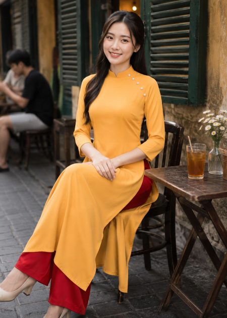 Áo dài biểu diễn tà rộng vàng cam tại Trang Phục Bông Sen