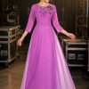 Áo dài biểu diễn chiffon tím hoa cà kết hoa 3D