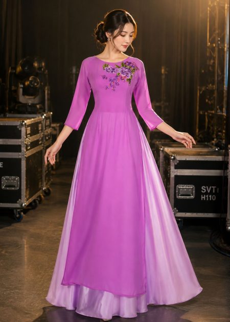Áo dài biểu diễn chiffon tím hoa cà kết hoa 3D