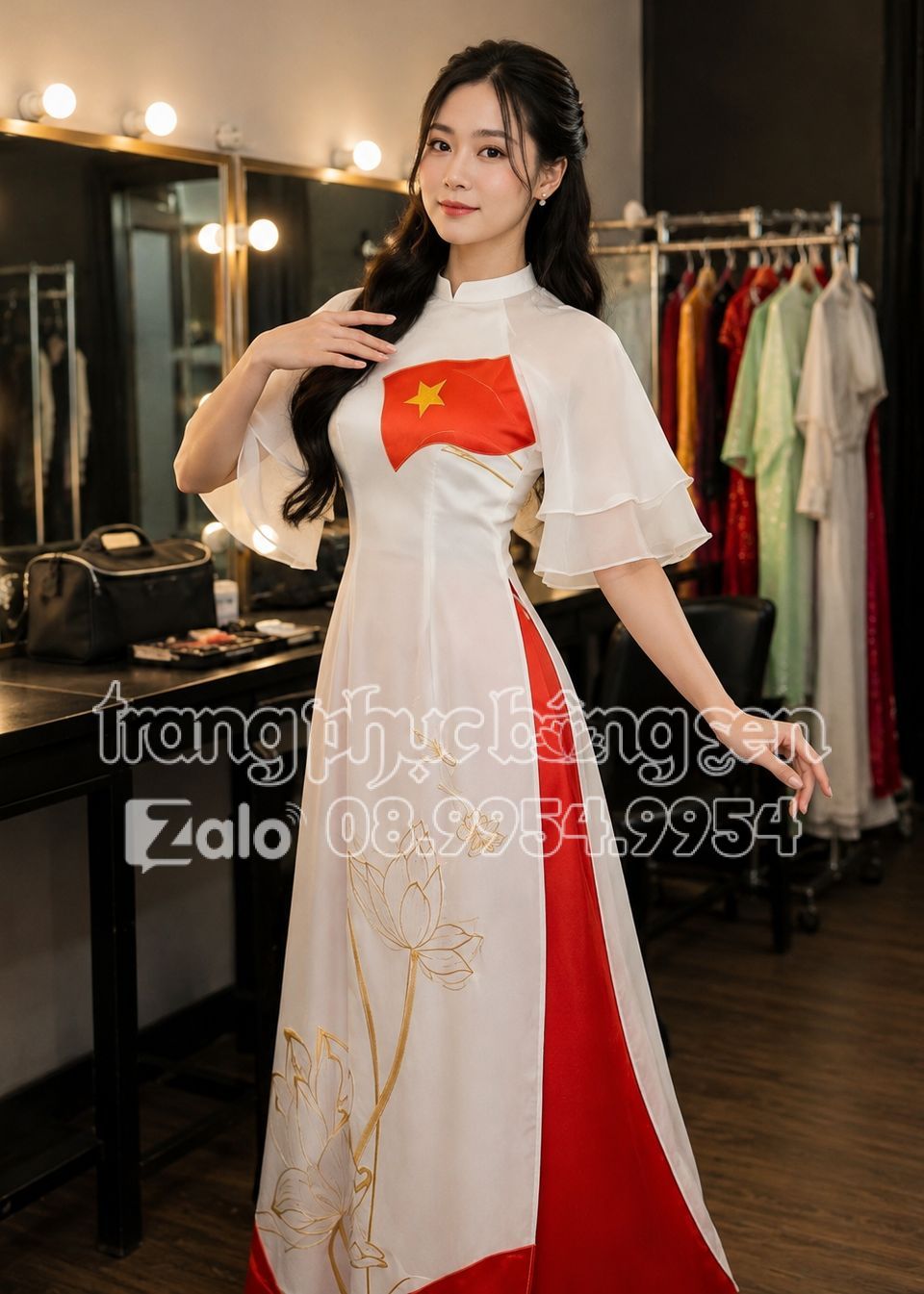 Áo dài biểu diễn nữ hoa sen trống đồng múa hát sử ca