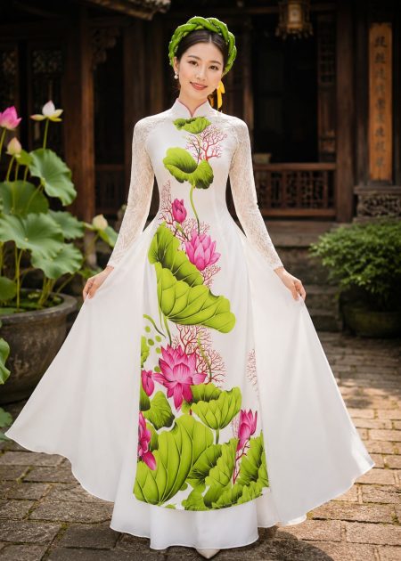 Áo dài biểu diễn sen lụa trắng kem tay lưới