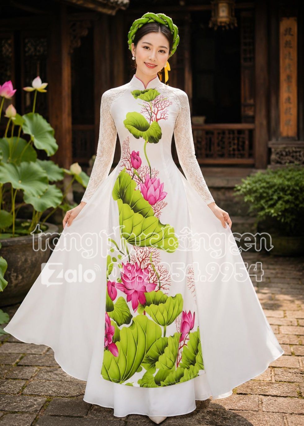 Áo dài biểu diễn sen lụa trắng kem tay lưới