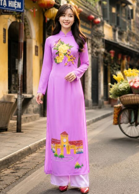 Áo dài chiffon tím vẽ hoạ tiết dán hoa 3D
