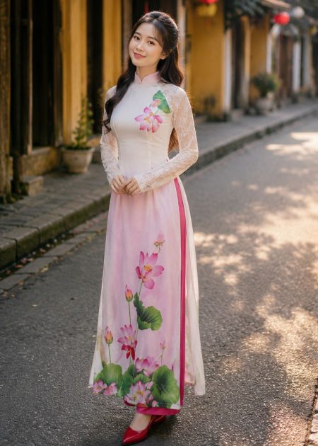 Áo dài trắng sen hồng tay ren